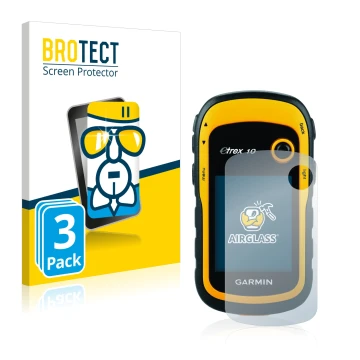 Front side of a product packaging with the brand logo BROTECT. Next to it is the device Garmin eTrex 10 shown with the corresp