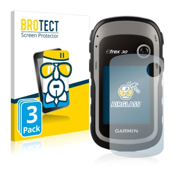 Front side of a product packaging with the brand logo BROTECT. Next to it is the device Garmin eTrex 30 shown with the corresp