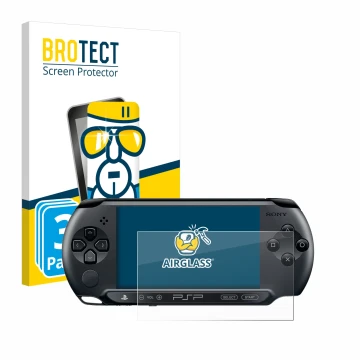 Front side of a product packaging with the brand logo BROTECT. Next to it is the device Sony PSP Street E1004 shown with the c
