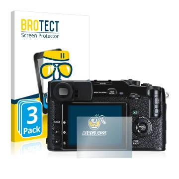 Front side of a product packaging with the brand logo BROTECT. Next to it is the device Fujifilm X-Pro1 shown with the corresp