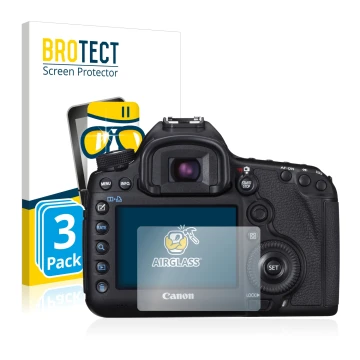 Front side of a product packaging with the brand logo BROTECT. Next to it is the device Canon EOS 5D Mark III shown with the c