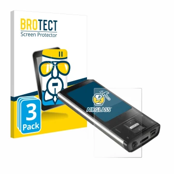 Front side of a product packaging with the brand logo BROTECT. Next to it is the device Intenso Video Shooter 2,4