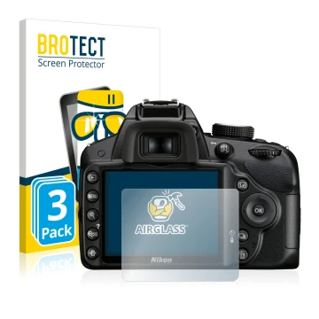 Front side of a product packaging with the brand logo BROTECT. Next to it is the device Nikon D3200 shown with the correspondi