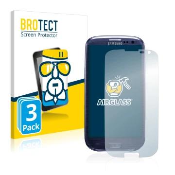 Front side of a product packaging with the brand logo BROTECT. Next to it is the device Samsung Galaxy S3 I9300 shown with the