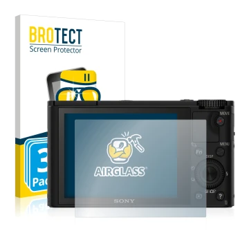 Front side of a product packaging with the brand logo BROTECT. Next to it is the device Sony Cyber-Shot DSC-RX100 shown with t