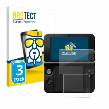 Front side of a product packaging with the brand logo BROTECT. Next to it is the device Nintendo 3DS XL SPM7800 shown with the