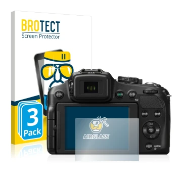 Front side of a product packaging with the brand logo BROTECT. Next to it is the device Panasonic Lumix DMC-FZ200 shown with t