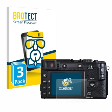 Front side of a product packaging with the brand logo BROTECT. Next to it is the device Fujifilm X-E1 shown with the correspon