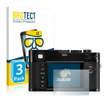 Front side of a product packaging with the brand logo BROTECT. Next to it is the device Leica M (Typ 240) shown with the corre