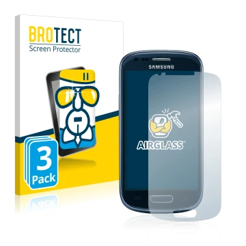 Front side of a product packaging with the brand logo BROTECT. Next to it is the device Samsung Galaxy S3 Mini I8190 shown wit