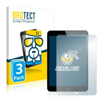 Front side of a product packaging with the brand logo BROTECT. Next to it is the device Apple iPad Mini 1 2012 shown with the 