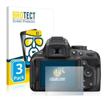 Front side of a product packaging with the brand logo BROTECT. Next to it is the device Nikon D5200 shown with the correspondi