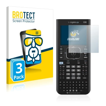 Front side of a product packaging with the brand logo BROTECT. Next to it is the device Texas Instruments Nspire CX CAS shown 