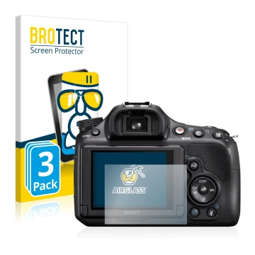 Front side of a product packaging with the brand logo BROTECT. Next to it is the device Sony Alpha 58 (SLT-A58) shown with the
