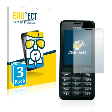 Front side of a product packaging with the brand logo BROTECT. Next to it is the device Nokia 301 shown with the corresponding