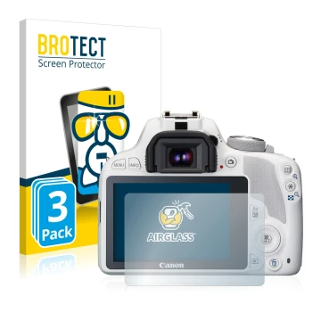 Front side of a product packaging with the brand logo BROTECT. Next to it is the device Canon EOS 100D shown with the correspo