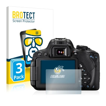 Front side of a product packaging with the brand logo BROTECT. Next to it is the device Canon EOS 700D shown with the correspo