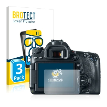 Front side of a product packaging with the brand logo BROTECT. Next to it is the device Canon EOS 70D shown with the correspon
