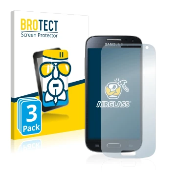 Front side of a product packaging with the brand logo BROTECT. Next to it is the device Samsung Galaxy S4 Mini LTE (4G) I9195 