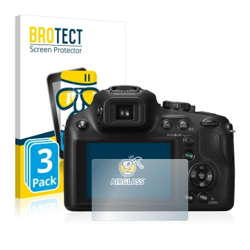 Front side of a product packaging with the brand logo BROTECT. Next to it is the device Panasonic Lumix DMC-FZ72 shown with th