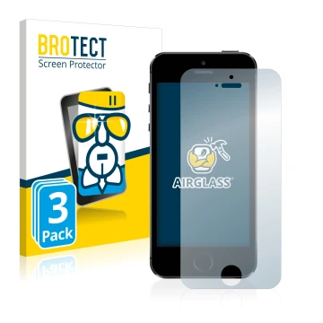 Front side of a product packaging with the brand logo BROTECT. Next to it is the device Apple iPhone 5S shown with the corresp