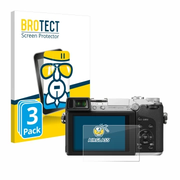 Front side of a product packaging with the brand logo BROTECT. Next to it is the device Panasonic Lumix DMC-GX7 shown with the