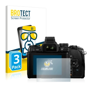 Front side of a product packaging with the brand logo BROTECT. Next to it is the device Olympus OM-D E-M1 shown with the corre
