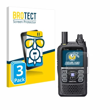 Front side of a product packaging with the brand logo BROTECT. Next to it is the device Icom ID-51 shown with the correspondin