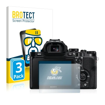 Front side of a product packaging with the brand logo BROTECT. Next to it is the device Sony Alpha 7 (ILCE-7) shown with the c