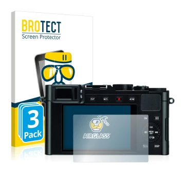 Front side of a product packaging with the brand logo BROTECT. Next to it is the device Leica D-Lux (Typ 109) shown with the c
