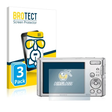 Front side of a product packaging with the brand logo BROTECT. Next to it is the device Sony Cyber-Shot DSC-W830 shown with th