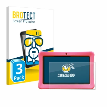 Front side of a product packaging with the brand logo BROTECT. Next to it is the device Contixo Kids 7