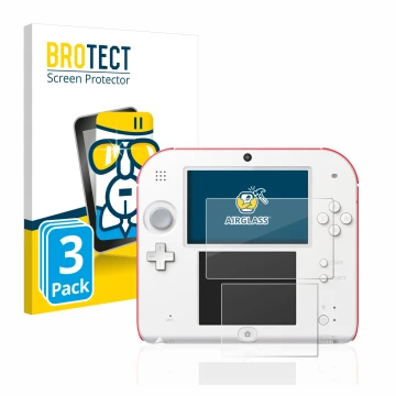 Front side of a product packaging with the brand logo BROTECT. Next to it is the device Nintendo 2DS shown with the correspond