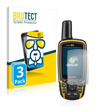 Front side of a product packaging with the brand logo BROTECT. Next to it is the device Garmin GPSMAP 64 shown with the corres