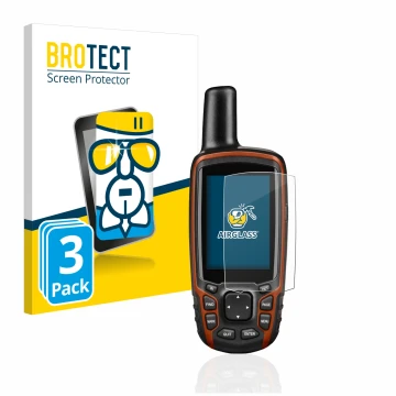 Front side of a product packaging with the brand logo BROTECT. Next to it is the device Garmin GPSMAP 64s shown with the corre