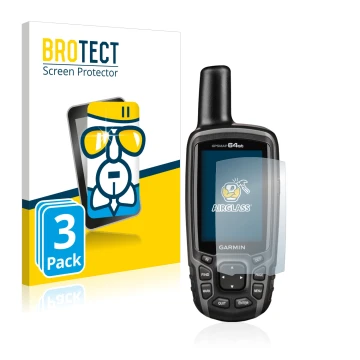 Front side of a product packaging with the brand logo BROTECT. Next to it is the device Garmin GPSMAP 64st shown with the corr