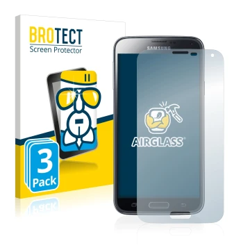 Front side of a product packaging with the brand logo BROTECT. Next to it is the device Samsung Galaxy S5 shown with the corre