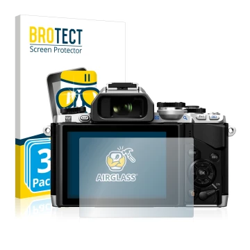 Front side of a product packaging with the brand logo BROTECT. Next to it is the device Olympus OM-D E-M10 shown with the corr