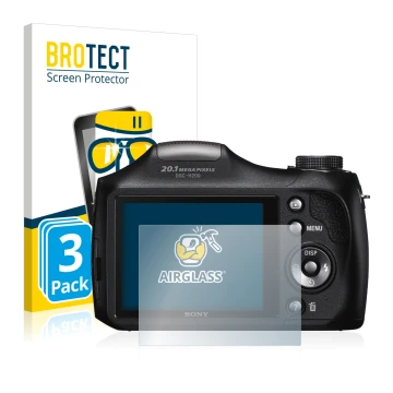 Front side of a product packaging with the brand logo BROTECT. Next to it is the device Sony Cyber-Shot DSC-H300 shown with th