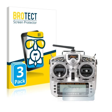 Front side of a product packaging with the brand logo BROTECT. Next to it is the device FrSky Taranis X9D shown with the corre