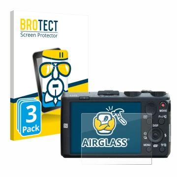 Front side of a product packaging with the brand logo BROTECT. Next to it is the device Sony Cyber-Shot DSC-HX60 shown with th