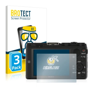 Front side of a product packaging with the brand logo BROTECT. Next to it is the device Sony Cyber-Shot DSC-HX60V shown with t