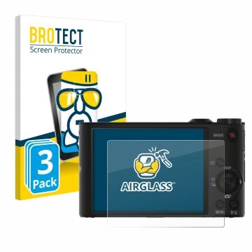 Front side of a product packaging with the brand logo BROTECT. Next to it is the device Sony Cyber-Shot DSC-WX350 shown with t