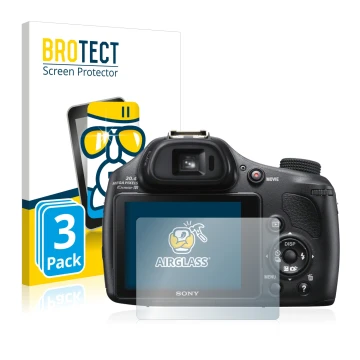 Front side of a product packaging with the brand logo BROTECT. Next to it is the device Sony Cyber-Shot DSC-HX400V shown with 