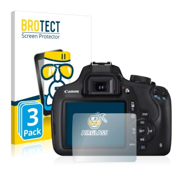 Front side of a product packaging with the brand logo BROTECT. Next to it is the device Canon EOS 1200D shown with the corresp
