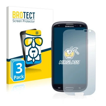 Front side of a product packaging with the brand logo BROTECT. Next to it is the device Samsung Galaxy S3 Neo I9300I shown wit
