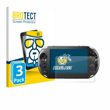 Front side of a product packaging with the brand logo BROTECT. Next to it is the device Sony Playstation PS Vita Slim shown wi