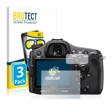 Front side of a product packaging with the brand logo BROTECT. Next to it is the device Sony Alpha 77 II (SLT-A77 II) shown wi