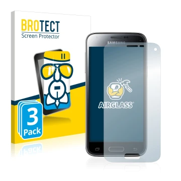 Front side of a product packaging with the brand logo BROTECT. Next to it is the device Samsung Galaxy S5 Mini SM-G800 shown w
