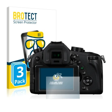 Front side of a product packaging with the brand logo BROTECT. Next to it is the device Panasonic Lumix DMC-FZ1000 shown with 